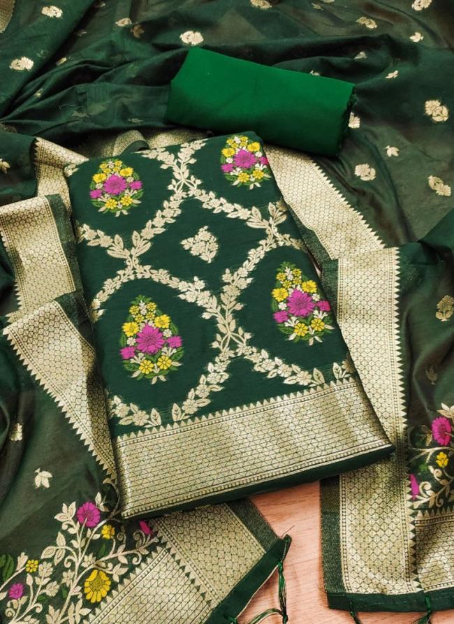 Chanderi Banarasi Green Traditional Wear Weaving Dress Material